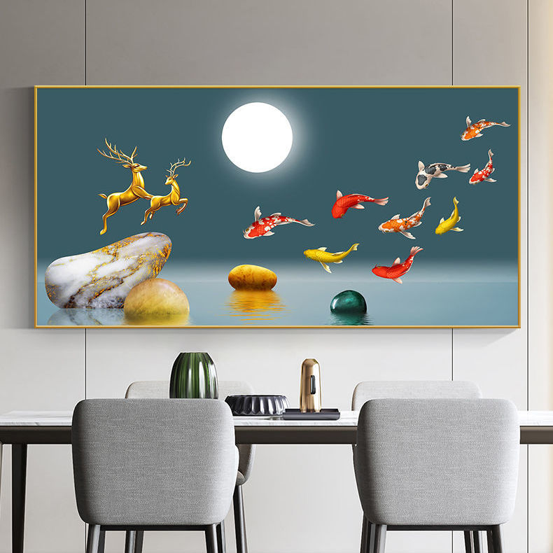 轻奢餐厅装饰画现代简约歺厅招财九鱼图中式客厅餐桌背景墙壁挂画图片