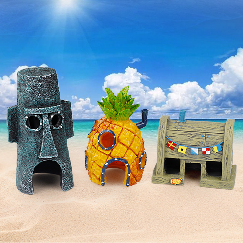 小鱼缸海绵宝宝房子造景装饰小摆件假山石头小型躲避屋水族创意