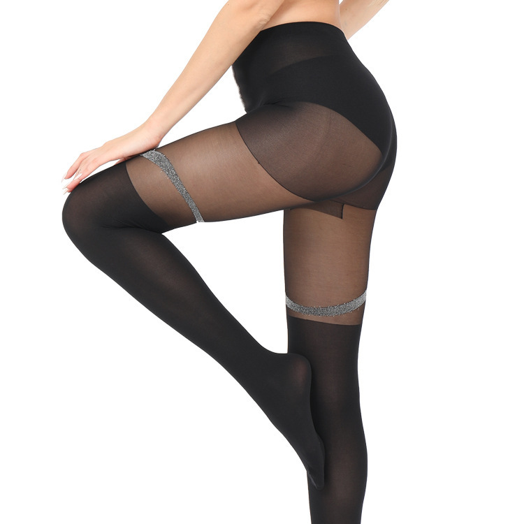 亚马逊新款丝袜女秋冬银丝镶边连裤袜防勾丝黑丝袜打底袜大码性感