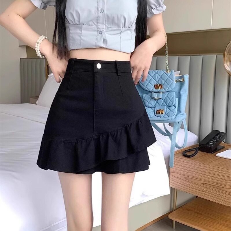 小个子荷叶边半身裙不规则白色牛仔短裙女高腰a字夏包臀2025显瘦