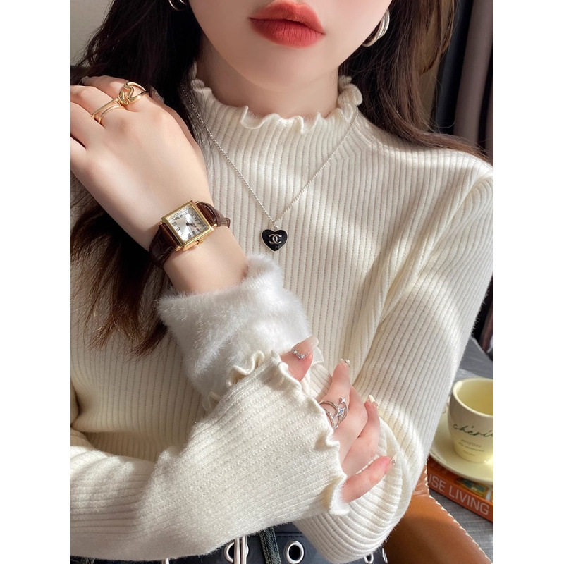 一体绒加绒加厚打底衫女秋冬高级感木耳边毛衣内搭大衣半高领针织