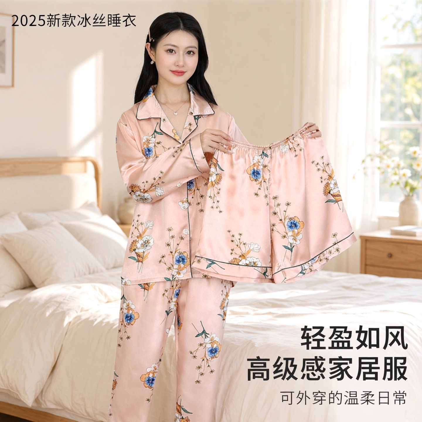 新款冰丝可外穿女睡衣三件套