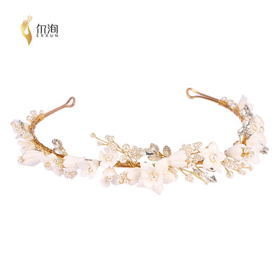 2021新亚马逊设计婚庆新娘发饰品配饰白色陶瓷小花皇冠头饰发箍