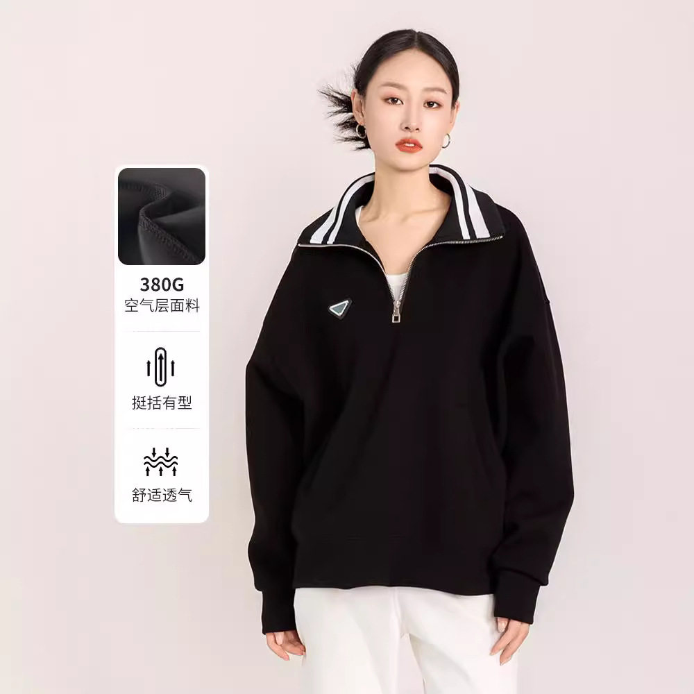 即墨女款卫衣空气层潮品半拉链卫衣现货批发 螺纹领贴标美式卫衣