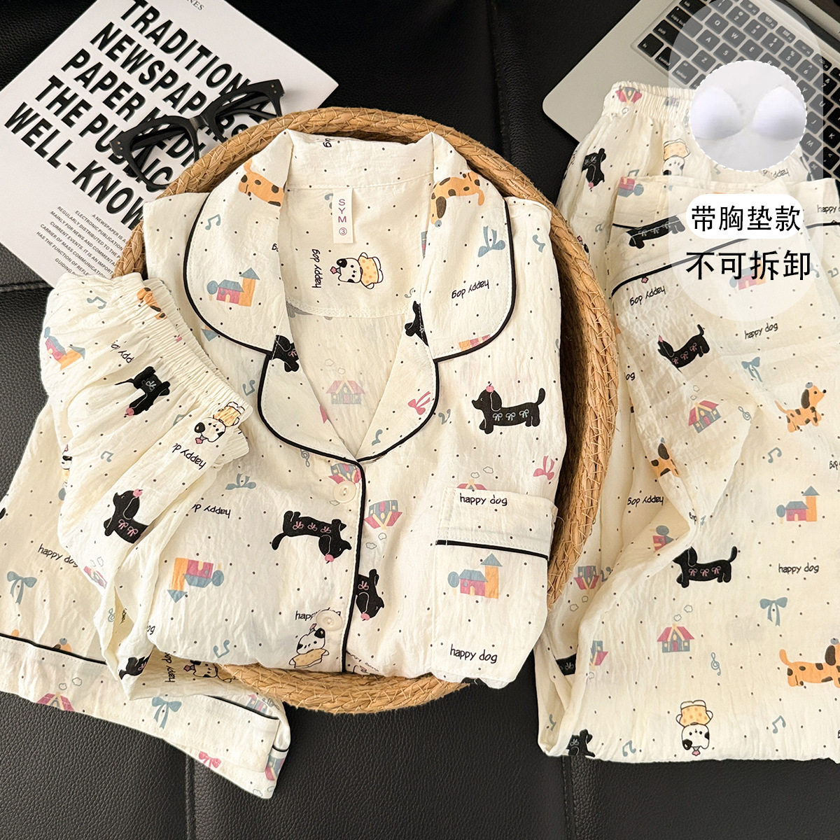 带胸垫大码睡衣女春夏季时尚翻领短袖短裤三件套宽松家居服可外穿
