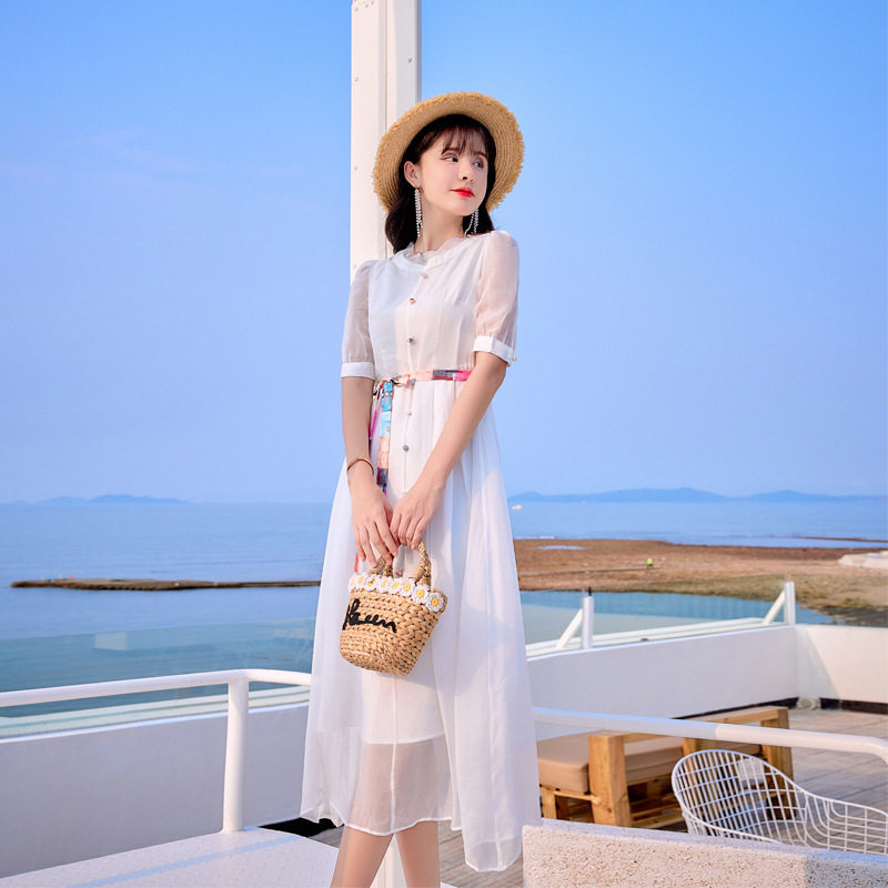 真丝连衣裙白色很仙女范优质桑蚕丝长裙子一件代发11040