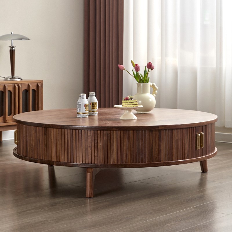北美黑胡桃全实木圆形茶几现代简约樱桃木原木客厅多功能储物茶几