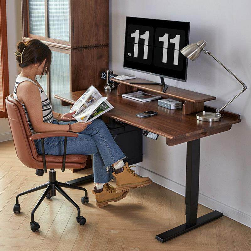 北欧全实木黑胡桃木电动升降桌简约多功能日式原木家用办公电脑桌