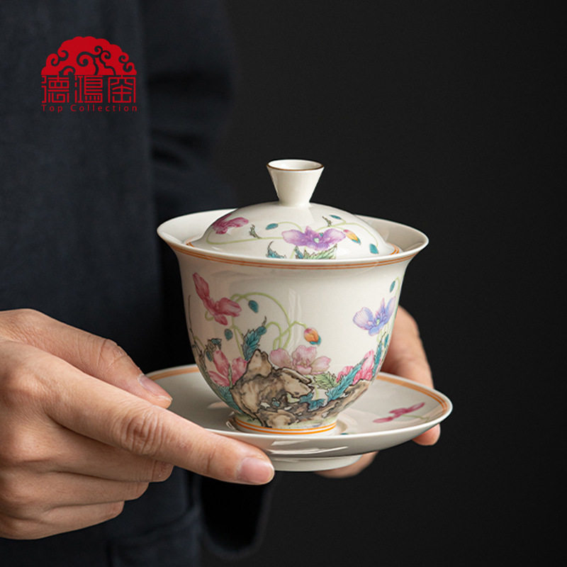 景德拟古仿古泥虞美人陶瓷盖碗三才杯复古泡茶杯家用单个茶碗敬茶