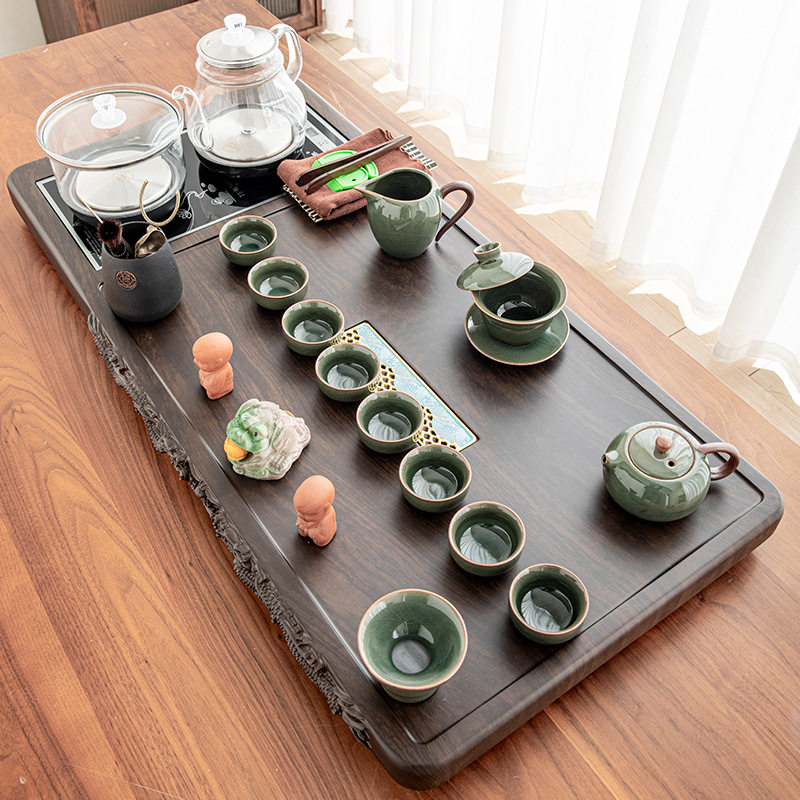 茶具套装家用整套功夫竹木边雕双龙加厚茶盘四合一玻璃烧水壶茶台