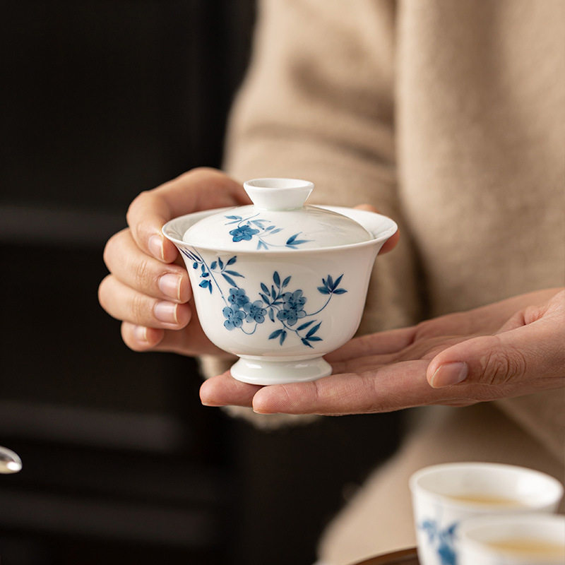 观岚手绘青花藤花手抓二才盖碗茶杯陶瓷单个不烫手泡茶器家用茶碗