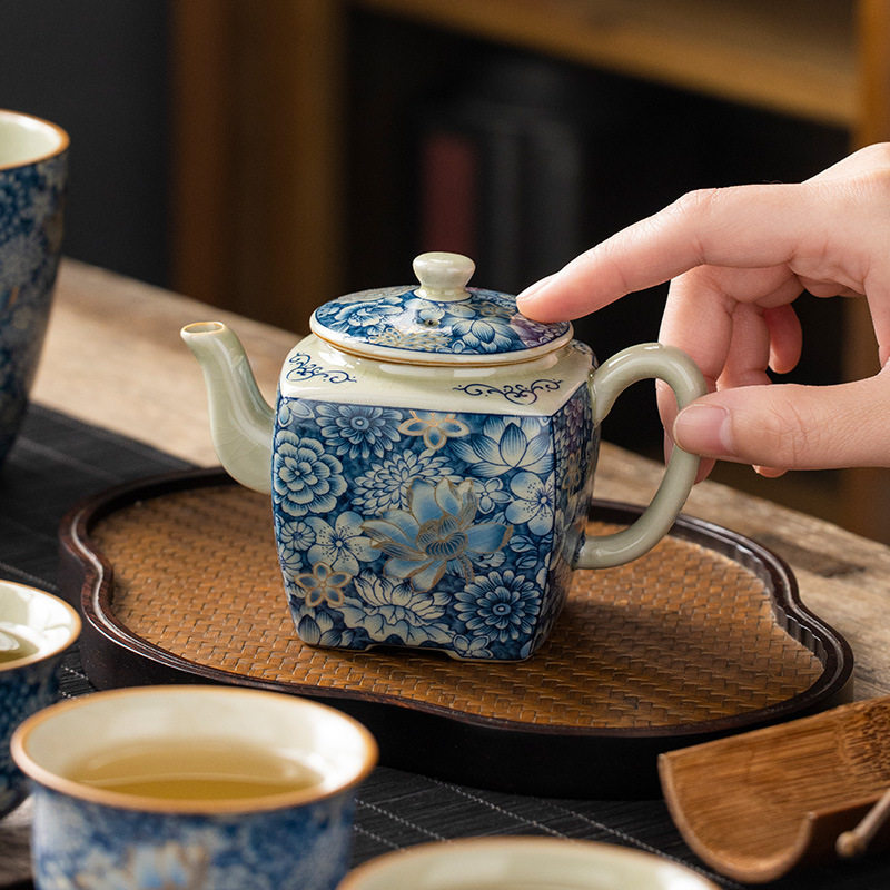 汝窑金万花汉方壶茶壶家用高档精致泡茶壶茶水壶陶瓷茶具厂家批发