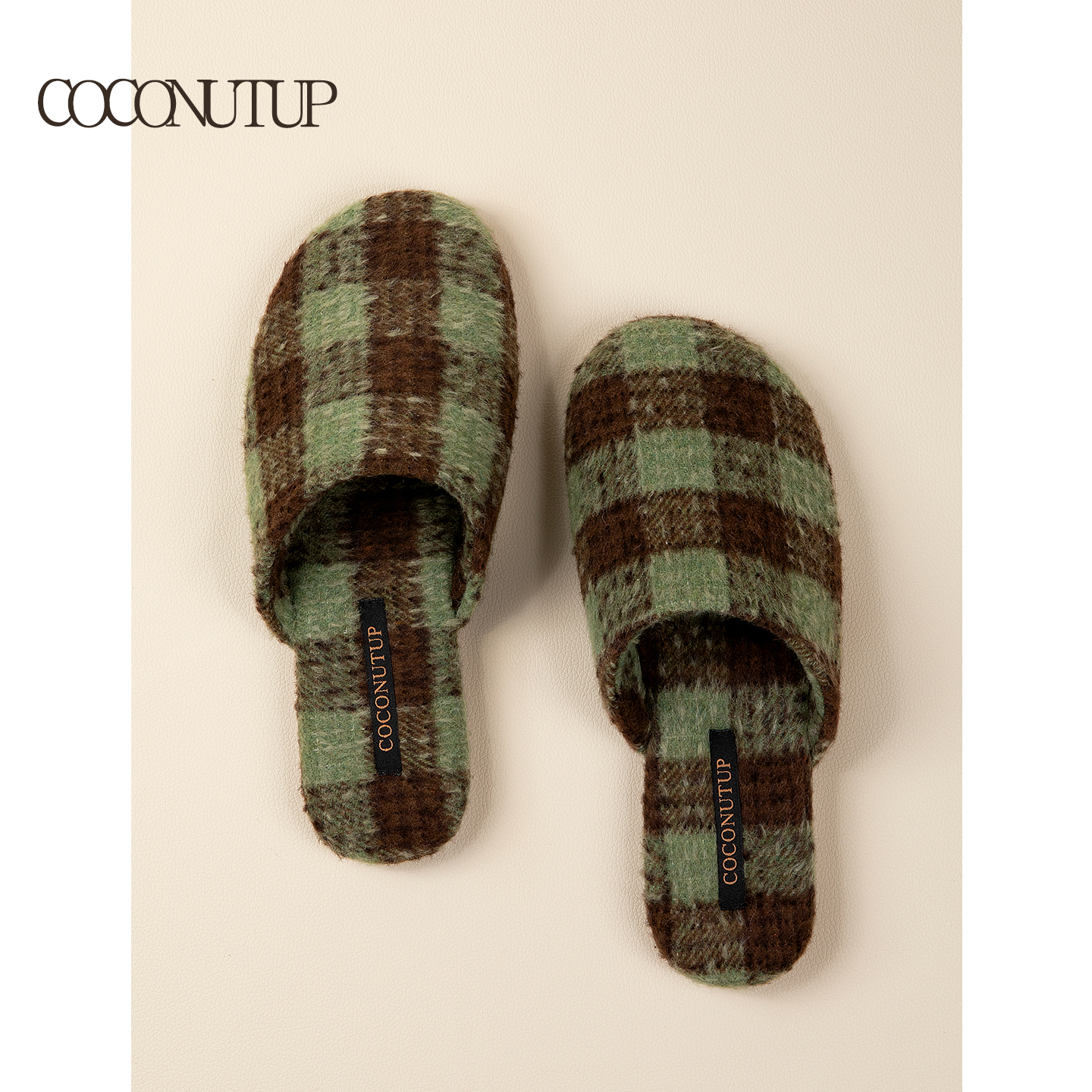 椰上条纹格子拖鞋毛绒保暖棉鞋