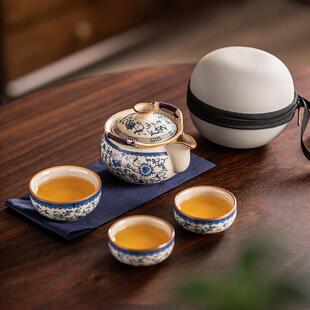 户外露营泡茶壶便携式 .青花汝窑手抓壶旅行茶具套装 快客杯一壶三