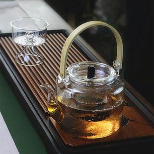 竹制把手提梁壶耐高温锤纹玻璃蒸汽冲茶壶电陶炉蒸煮双内胆煮茶器