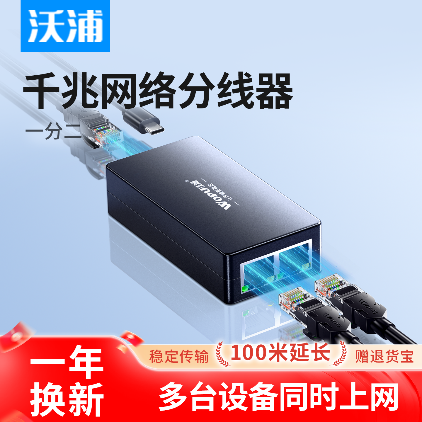 沃浦千兆网线一分二分线器网口转换器一进二出网线对接头一拖二