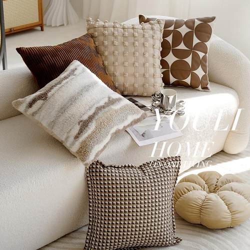 高级感法式咖色棕色抱枕套侘寂风靠枕现代简约客厅沙发靠垫民宿