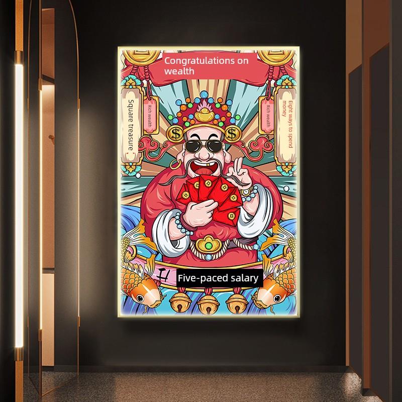 2025财神爷挂画发财棋牌室走廊装饰画国潮风火锅烤肉店led发光画
