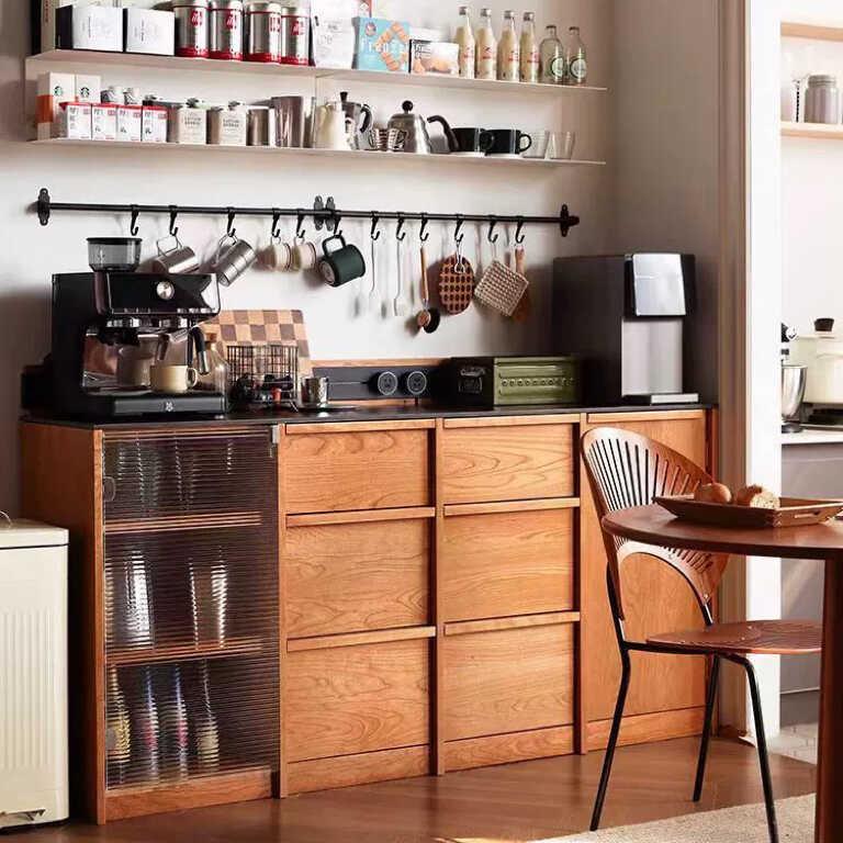 北欧风实木餐边柜北矮柜岩板餐边柜樱桃木色实木咖啡柜骨骼线边柜