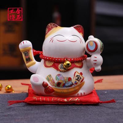 金石工坊小号右手摇手招财猫陶瓷客厅收银柜台旺财摆件自动招手发