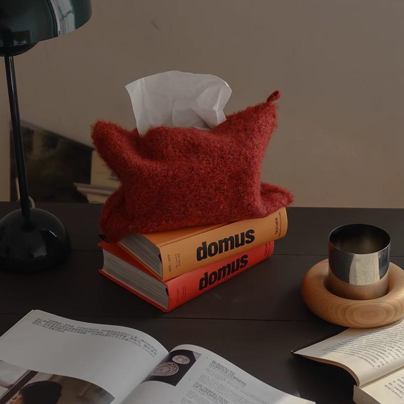 复古风红色针织纸巾盒客厅卧室抽纸盒家用桌面收纳盒布艺车载纸巾