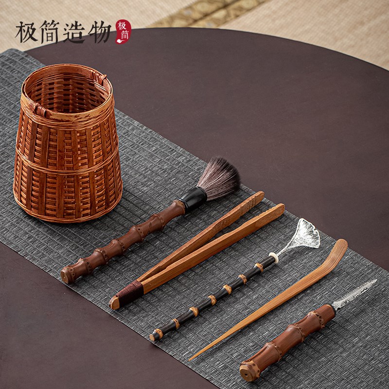 高档竹编复古功夫茶具六君子套装茶夹茶勺茶刀笔茶拨竹制茶道配件