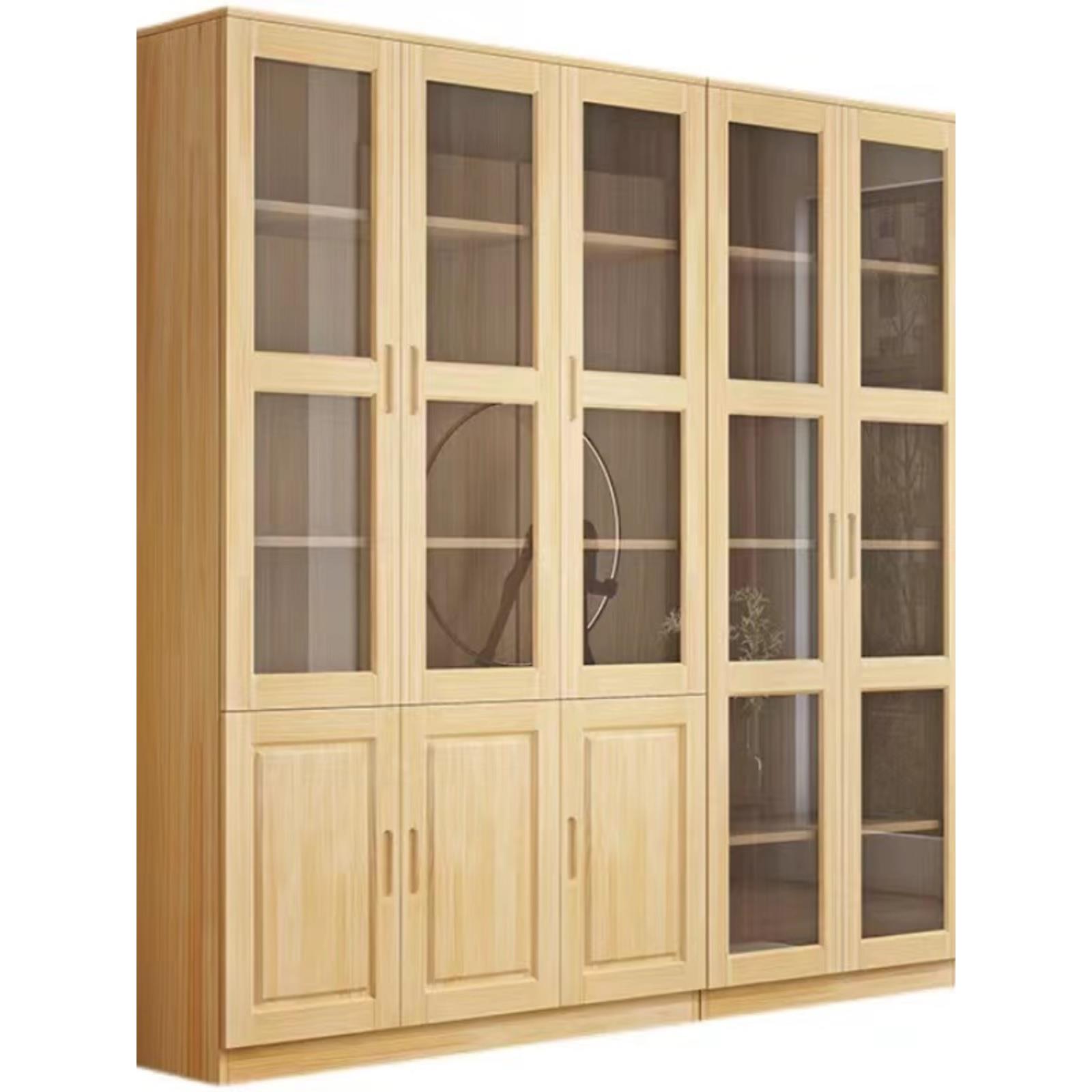 全实木书柜松木书架带玻璃门展示柜儿童简易书橱组合收纳两门家用