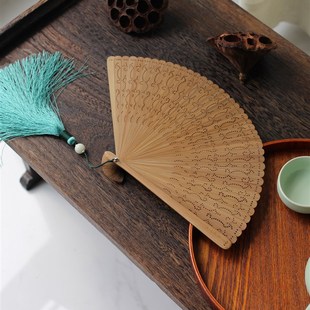 己亥年夏 禅意文化礼物古风镂空全竹扇子国风流苏折扇 定制刻字