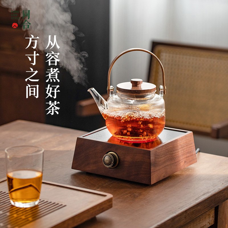 111V同合胡桃木电陶炉煮茶器耐高温玻璃烧水壶白茶围炉煮茶壶电热
