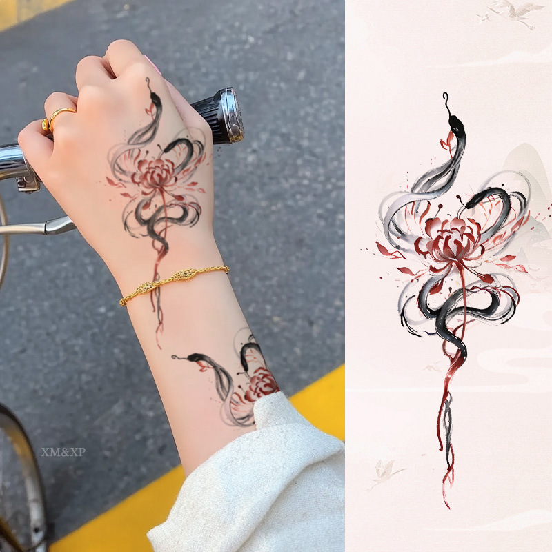 国风梅花纹身贴手腕彩色水墨贴