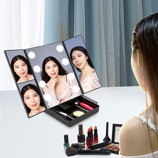 2022新品 桌面led化妝鏡2x3x美妝鏡子 帶燈折疊三折鏡帶收納盒臺式