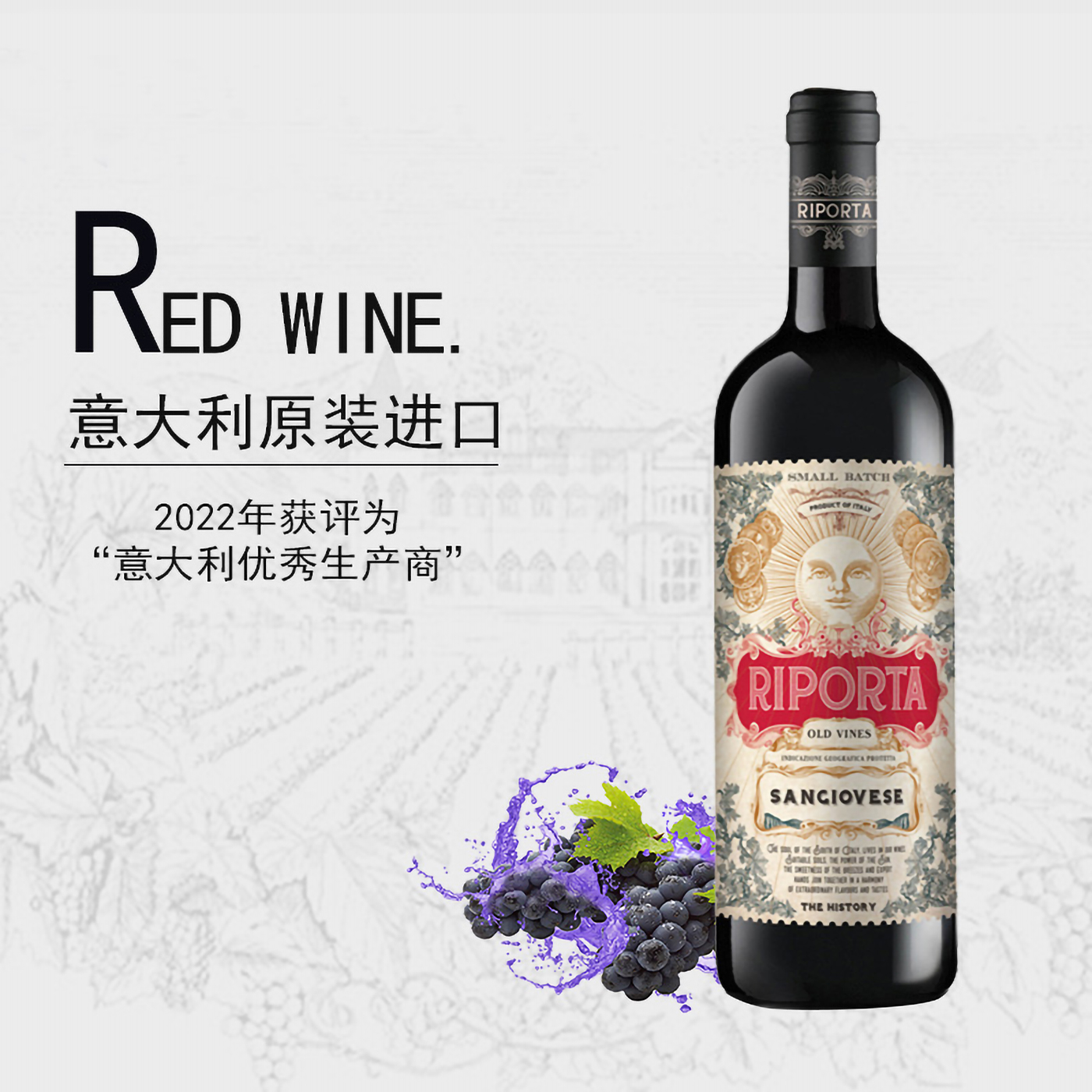 精品酒RIPORTA意珀雅桑娇维塞红葡萄酒750ml单支半干型意大利原装