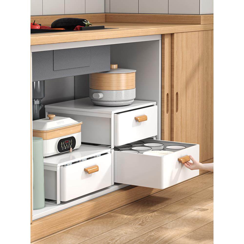 免安装厨房抽拉下水槽分层置物架橱柜内调料碗碟用品收纳抽屉拉篮