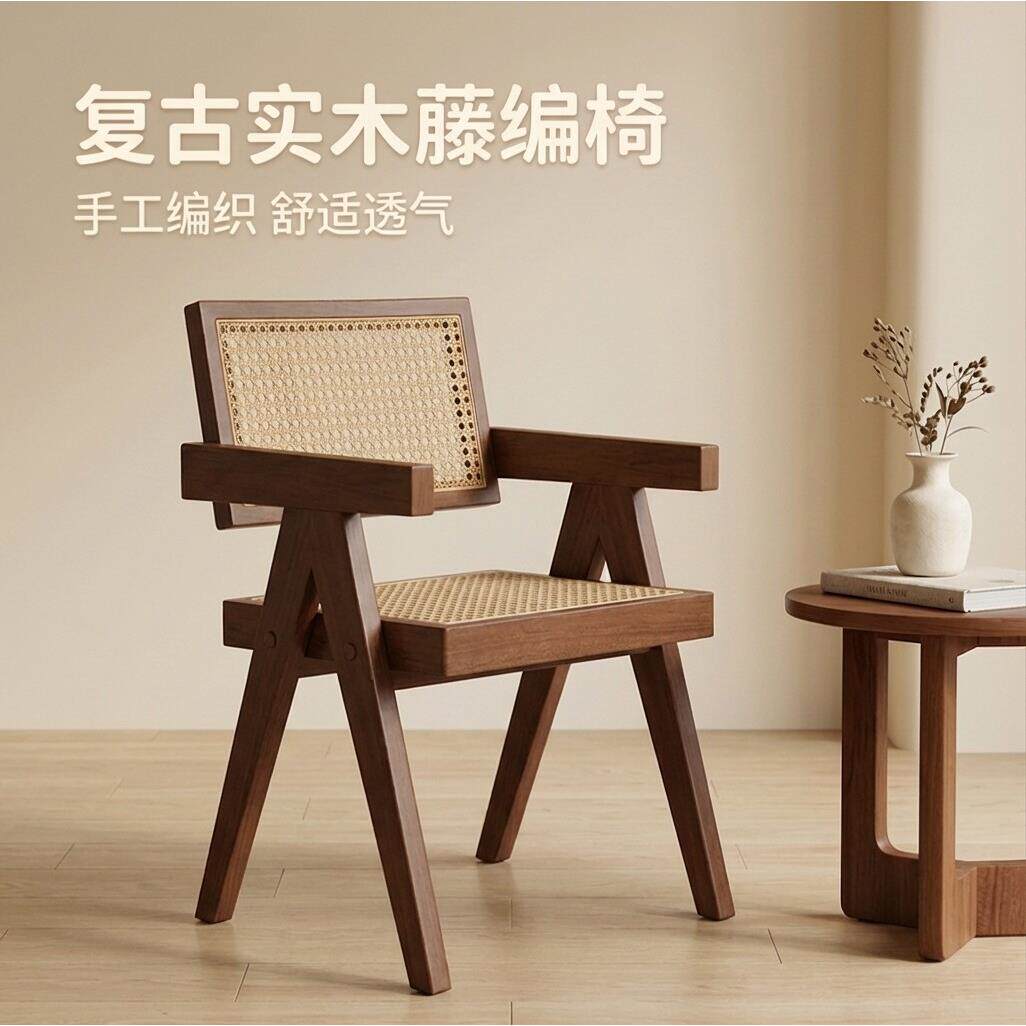 复古实木藤编餐椅手工编织靠背椅昌迪加尔原木风民宿网红餐椅