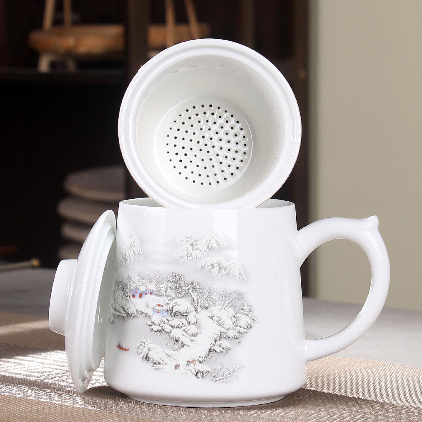 茶杯茶水分离陶瓷杯过滤杯带盖子大容量水杯羊脂白瓷杯办公室泡茶图片