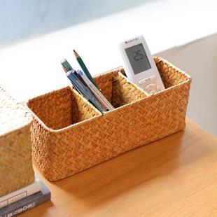 海草编织文具收纳盒三格杂物收纳筐桌面遥控器竹编盒分格藤编笔筒