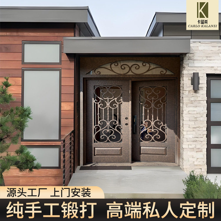 铁艺门纯手工锻打推拉门别墅玻璃门源头工厂跨境订置门欧式铁艺门