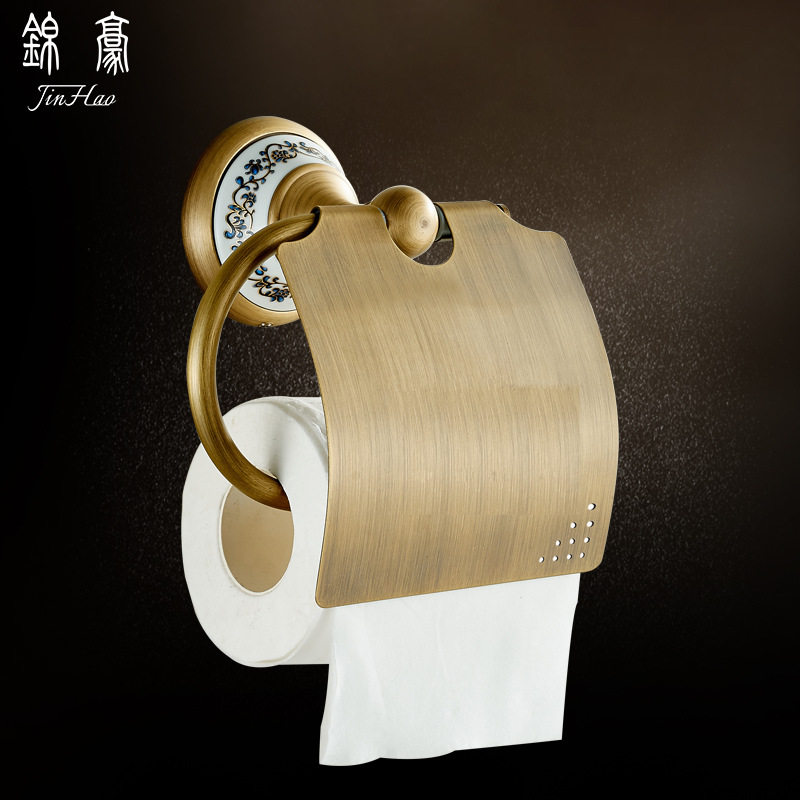 黄铜仿古纸巾架欧式复古卫生间厕纸架厕所手纸收纳架青花瓷卷纸器