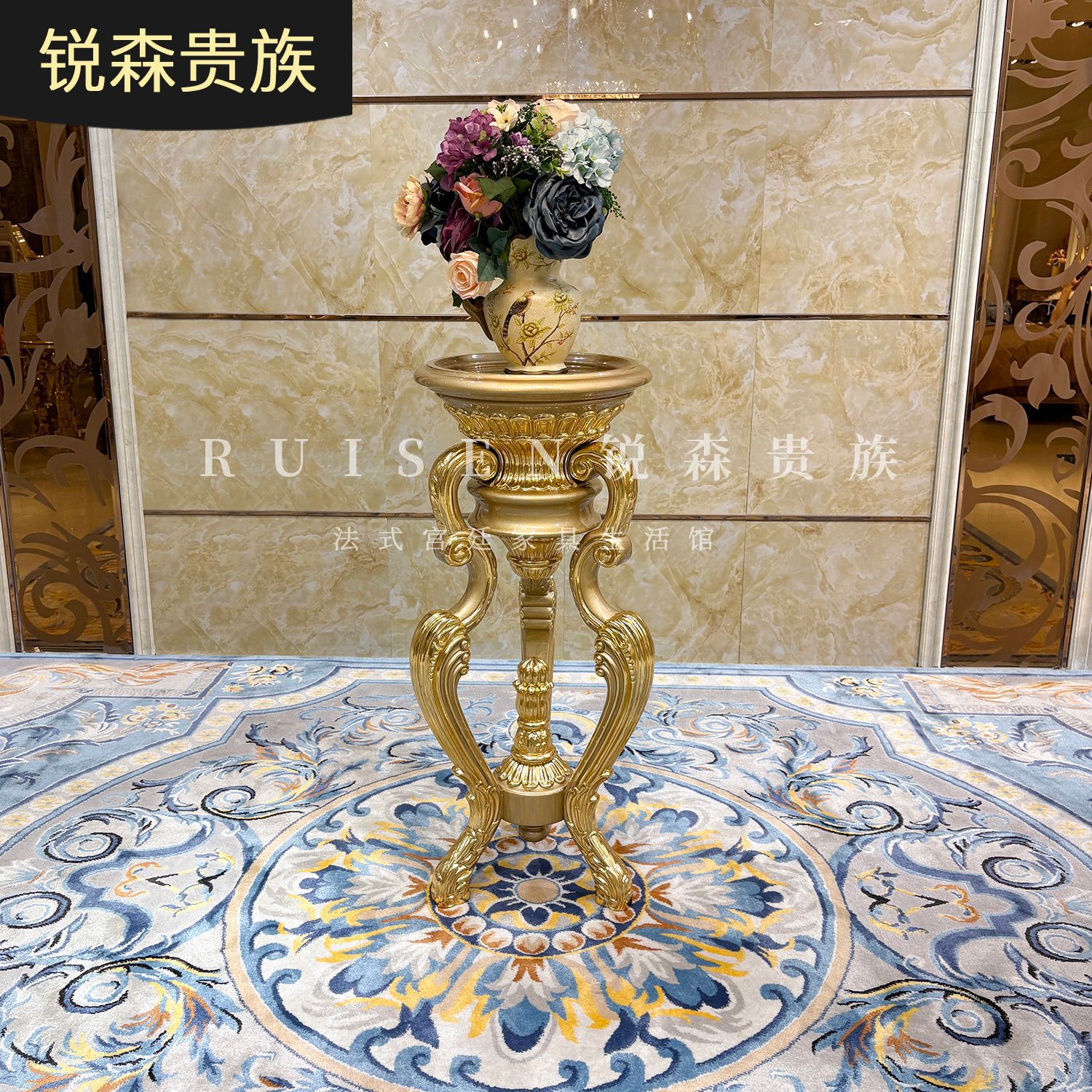 法式实木花架 欧式宫廷奢华雕花置物架落地式新古典花盆架家具