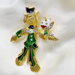 欧美复古vintage绿色稻草人胸针女中古英伦古董别针徽章现货