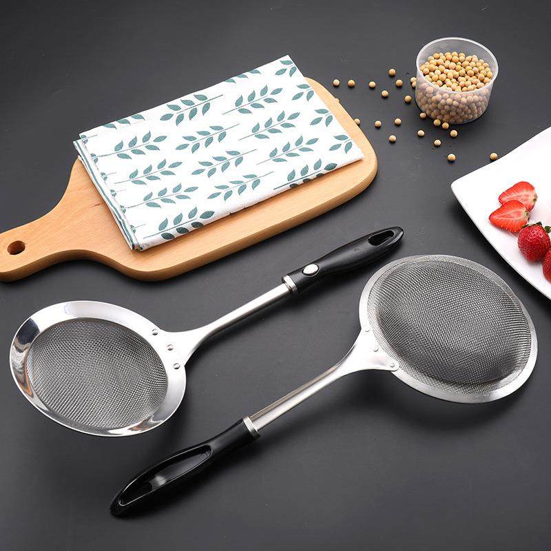 厂家直销304不锈钢网漏厨房油格捞面过滤网笊篱黑注柄粉篱漏勺