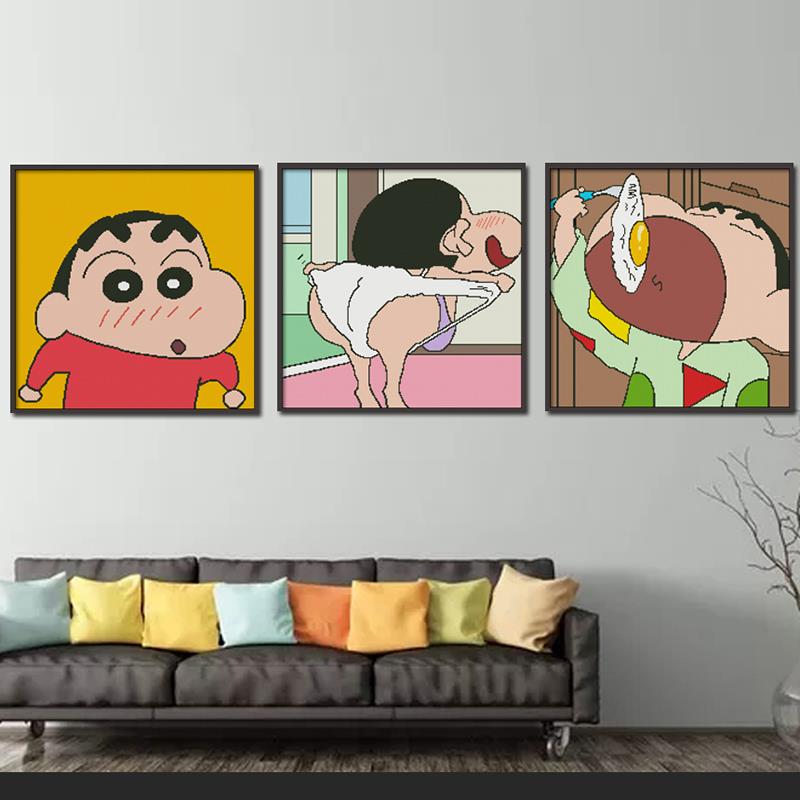 蜡笔小新十字绣2024可爱卡通小件2025新款线绣客厅儿童房三联画