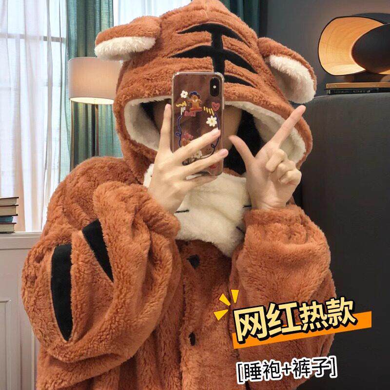 虎虎生威睡衣女秋冬季珊瑚绒加绒加厚冬天睡袍长款浴袍家居服套装