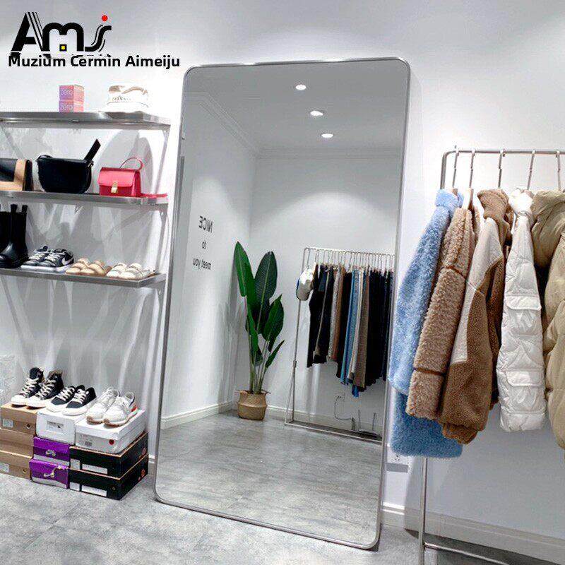 服装店试衣镜不锈钢落地镜全身镜超白镜女装店专用镜子圆弧瘦身镜