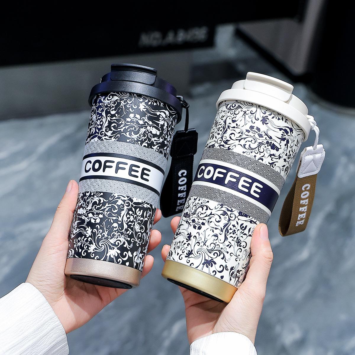 霸王茶姬同款咖啡杯大容量带提绳吸管杯国潮风316不锈钢保温杯