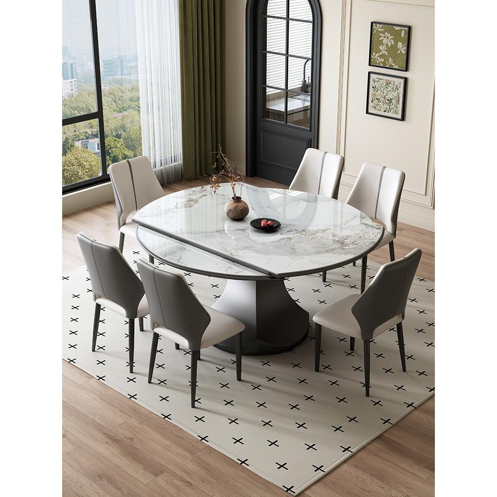 轻奢连纹岩板餐桌椅组合家用小户型可伸缩折叠方圆两用吃饭圆桌