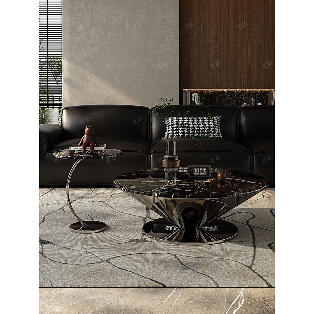 意式极简大理石茶几轻奢不锈钢圆形现代简约网红设计感高端边几