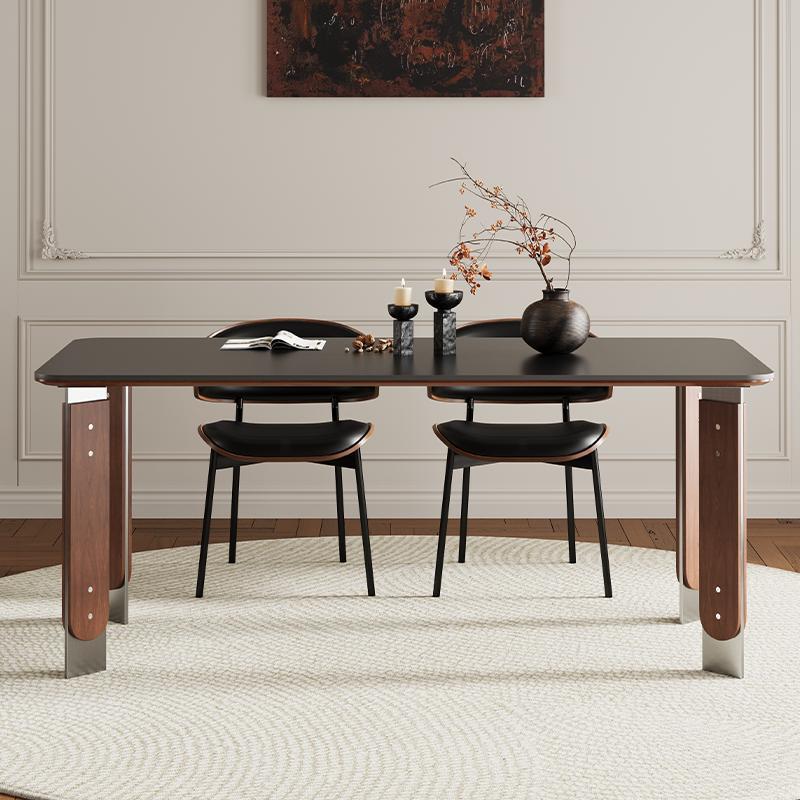 法式复古实木岩板长方形餐桌椅组合家用黑胡桃色不锈钢腿长餐桌子