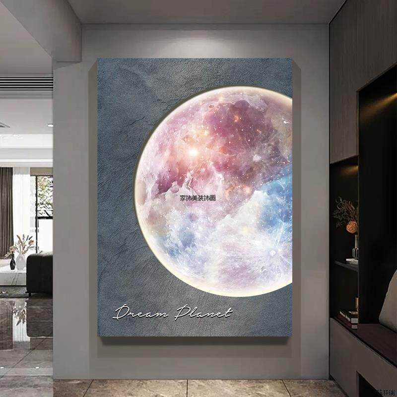 高级感沙发背景墙落地画砂岩入户玄关装饰画星球客厅发光创意挂画