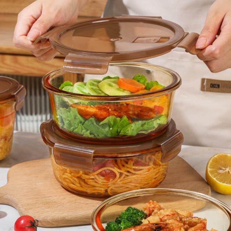 德国进口圆形饭盒微波炉加热专用碗上班族带饭餐盒玻璃保鲜便当盒